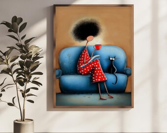 Femme fantaisiste lisant sur un canapé bleu avec un chat noir - Affiche murale amusante et confortable - Illustration mignonne et originale - Cadeau pour les amoureux des chats