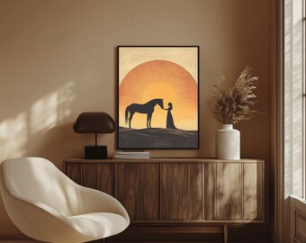 Affiche Cheval au coucher du soleil doré, Silhouette de femme et de cheval, Impression minimaliste de paysage naturel, Décoration intérieure bohème western chaleureuse