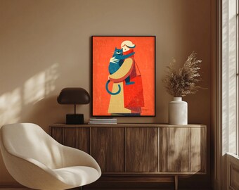 Affiche illustrant un chat mignon, art mural animalier moderne et minimaliste, impression ludique de style scandinave, décoration intérieure chaleureuse