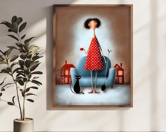Affiche fantaisiste avec chat, illustration naïve et mignonne, décoration murale, impression graphique pour une maison chaleureuse, illustration amusante, décoration minimaliste et chaleureuse