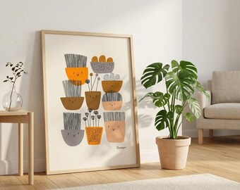 Affiche minimaliste scandinave abstraite végétale, impression d'art mural bohème neutre, œuvre d'art aux formes modernes du milieu du siècle, décoration intérieure nordique chaleureuse