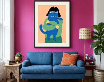 Affiche illustrée d'un adorable chat bleu, décoration murale animalière fantaisiste, impression minimaliste moderne pour chambre d'enfant, style scandinave