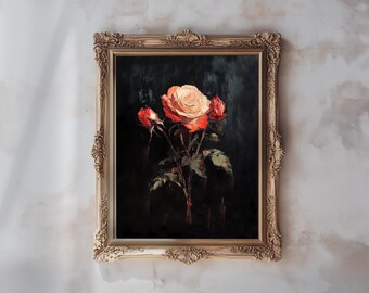 Tableau sur toile Rose sombre et mystérieuse, reproduction d'une peinture à l'huile florale dramatique, nature morte botanique romantique, décoration florale vintage élégante