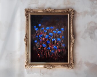 Tableau sur toile Fleurs sauvages bleu profond, peinture d'un champ floral sombre, œuvre botanique saisissante, décoration intérieure romantique pour jardin nocturne