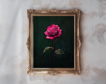 Reproduction d'une peinture à l'huile de roses roses, art mural floral sombre et mystérieux, affiche florale vintage romantique, décoration élégante sur toile botanique