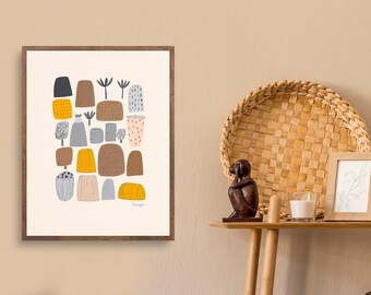 Affiche minimaliste scandinave abstraite végétale, impression d'art mural bohème neutre, œuvre d'art aux formes modernes du milieu du siècle, décoration intérieure nordique chaleureuse