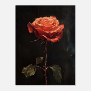 Könnte beinhalten: Gemälde einer einzelnen, leuchtend roten Rose vor dunklem Hintergrund. Die Rose steht in voller Blüte, mit detaillierten Blütenblättern und einer strukturierten Oberfläche. Der Stiel ist grün und dornig, mit ein paar grünen Blättern.