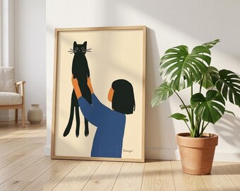 Affiche minimaliste avec chat noir, illustration d'une femme tenant un chat, art mural scandinave moderne, beige neutre, adorable illustration d'animal de compagnie