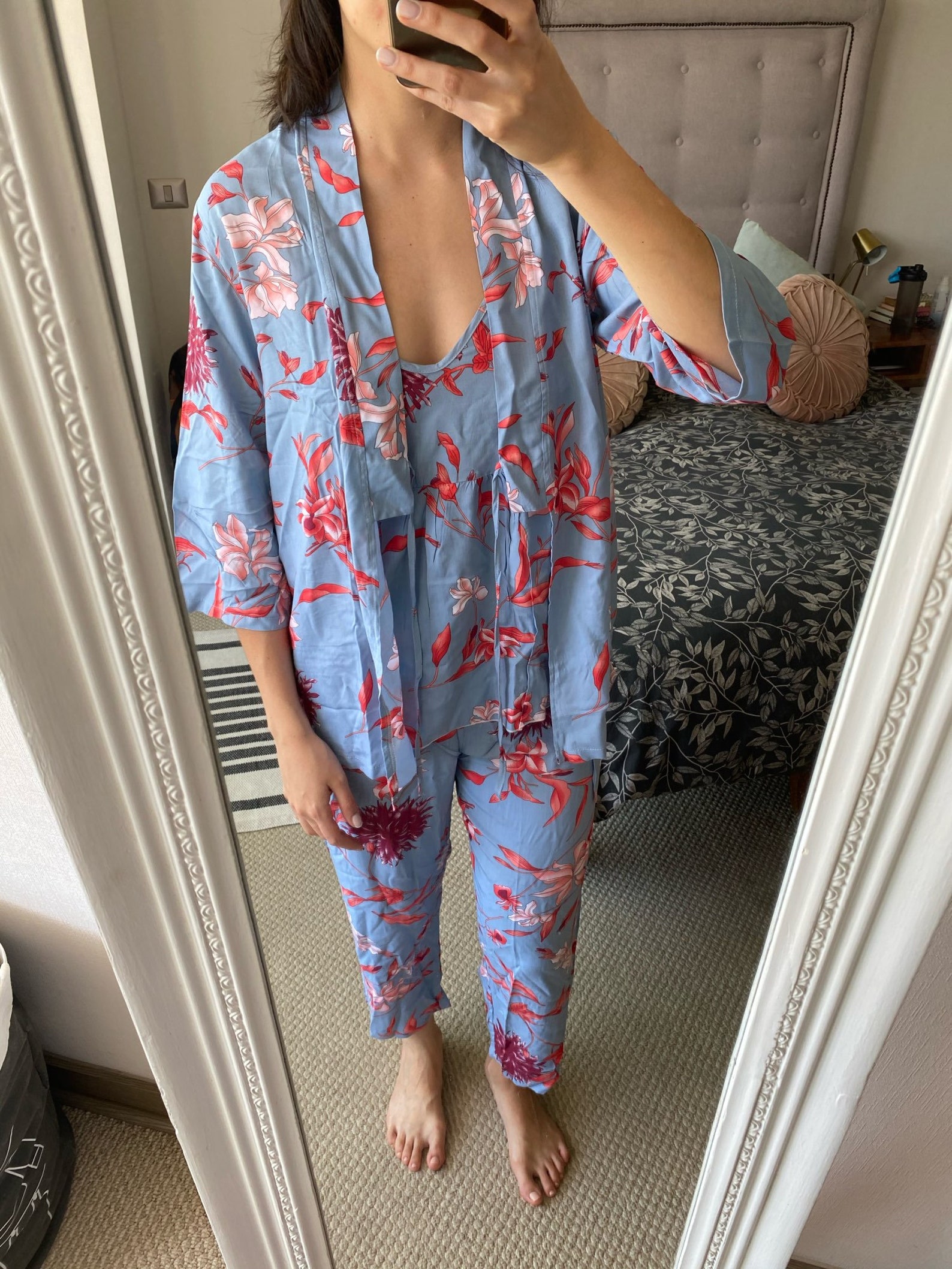 Floral Pajama 3 Piece Set Women Silky Satin Tank Top Robe Long Etsy