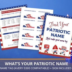 Puede incluir: Tres imprimibles patrióticos en rojo, blanco y azul. Una hoja dice "What's Your Patriotic Name" con un generador de nombres. Otra hoja tiene espacios para escribir "My Patriotic Name Is". La tercera hoja dice "Find Your Patriotic Name".