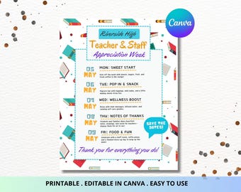 Editable Teacher appreciation week flyer, Editable schedule for staff appreciation week event, Canva, itinerary template, PTO PTA poster