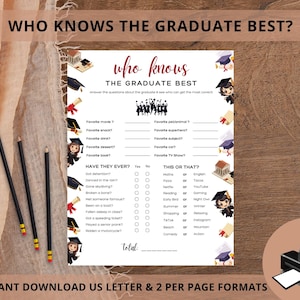 May include: A printable game for a graduation party. The game is called "Who Knows the Graduate Best?" and asks questions about the graduate's favorite things, like their favorite movie, snack, and pet. It also asks if they have ever gotten detention, danced in the rain, or gone skydiving. The game is designed to be played by guests at the party.