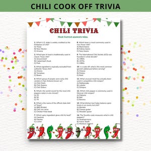 May include: A printable chili trivia game with a festive chili pepper theme. The game features 14 multiple-choice questions about chili, including its history, ingredients, and preparation. The questions are presented in a colorful and engaging format, making it a fun and educational activity for chili enthusiasts.