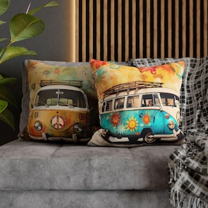 Hippie Van Throw Pillow Case, Retro 60s Bohemian Decor, Vintage Inspired Cushion Cover for Hippie Fans and Lovers of Classic Rock
