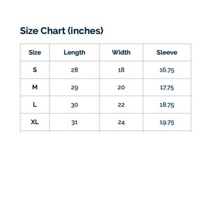 K&ouml;nnte beinhalten: Gr&ouml;&szlig;entabelle f&uuml;r Kleidung in Zoll. Die Tabelle zeigt die Gr&ouml;&szlig;e, L&auml;nge, Breite und &Auml;rmell&auml;nge f&uuml;r die Gr&ouml;&szlig;en S, M, L und XL.