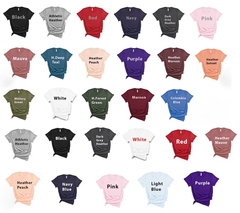 K&ouml;nnte beinhalten: Eine Tabelle mit 20 verschiedenen T-Shirt-Farben, darunter Schwarz, Wei&szlig;, Rot, Marineblau, Pink, Lila, Rotbraun, Teal, Gr&uuml;n und verschiedene Melange-Farben. Jede Farbe wird auf einem gefalteten T-Shirt angezeigt.