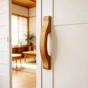 May include: A curved, light-toned wooden door handle mounted vertically on a smooth, white paneled door. The handle features a natural wood grain texture and a contoured shape, contrasting against the clean, flat surface of the white door panel.