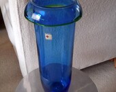 Vintage Tall 12.5 quot Blenko Rolled Rim Blue with Green Trim Vase Label Attached
