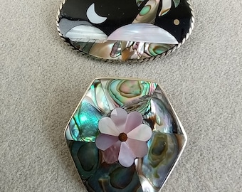 Alpaca Mexico Abalone Seashell Inlay Broochs  1.75"  1.5 Lot Of 2 Vtg