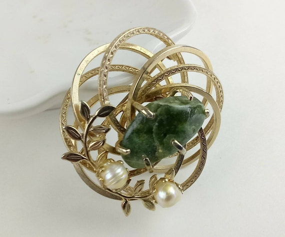 Vtg 2" Brooch Green Stone Baroque Pearl Flora Gol… - image 6