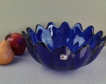 Blenko Glass 6143L Cobalt Blue Lotus Bowl 14 Point 10.5"×5" w Foil Label
