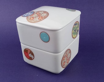 Hasami Ware Japan Porcelain 2 Tier Mini Bento Stack Box Nishikimaru Crest 3.5" Vtg