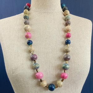 80s Artisan Earthenware Dyed Ceramic Lg Bead Necklace Silvertone Tube Spacer 32&quot;