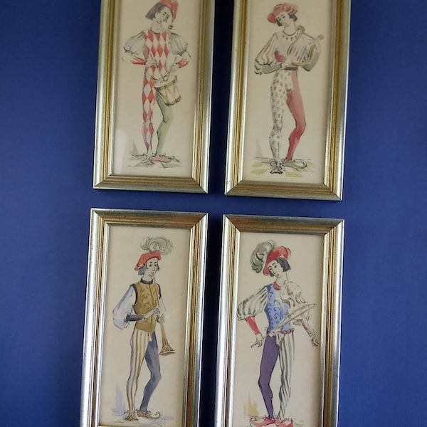 Vtg 50's 4 Quadriptych Art Prints Court Musicians by Cecil Wood Framed w 5x10