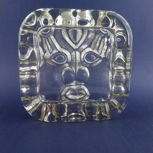 Vtg Art Glass MCM Aztec Tiki Heavy Cigar Pipe Rest Ashtray Trinket Dish 8x8x2