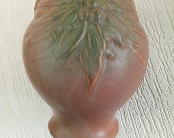 McCoy 30's Art Pottery Matte Brown Green Leaves Berries 7"  Footed Planter 10