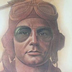 May include: A detailed portrait of a person wearing aviator goggles and sunglasses. The person is also wearing a brown leather aviator helmet. The image has a vintage, sepia-toned aesthetic, suggesting a historical or retro theme.
