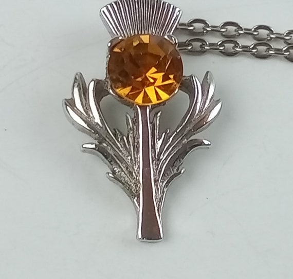 Scottish Amber Glass Thistle Pendant w Chain & He… - image 2