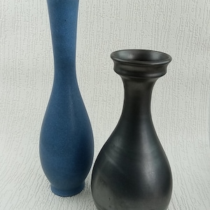 May include: Two ceramic vases, one blue and one black with a green stripe. The blue vase is tall and slender, while the black vase is shorter and wider.