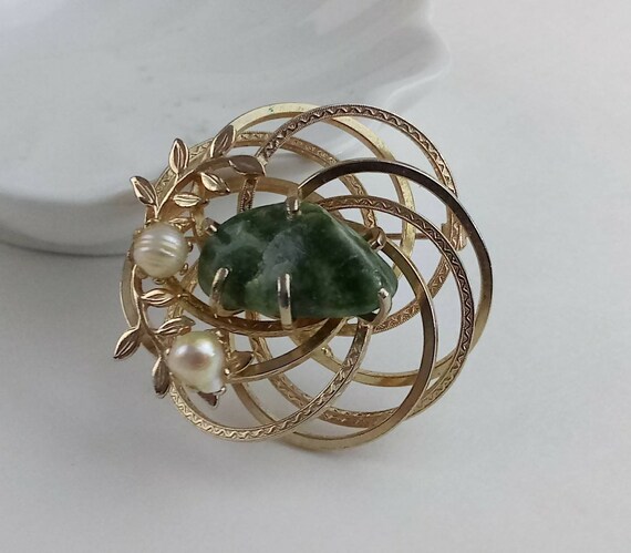 Vtg 2" Brooch Green Stone Baroque Pearl Flora Gol… - image 2