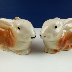May include: Two ceramic bunny figurines. The bunnies are cream-colored with brown accents on their ears and backs. They have black eyes and noses. The figurines are sitting side-by-side.