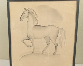 Art Deco K Oliver Horse Drawing 1930's Print Textured Paper Under Glass 9x8" Vtg