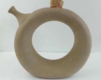Hartstone 9" Circular Donut Shape Matte Pottery Pitcher Wine Jug w Cork MCM Vtg