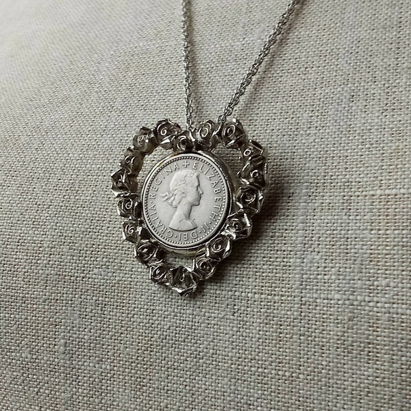 Vtg SixPence 1955 Coin Pendant Necklace Regina Elizabeth Heart of Roses Valentine