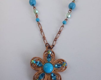 Vtg Robert Rose Blue Faux Turquoise Flower AB Rhinestones 19" Goldtone Necklace