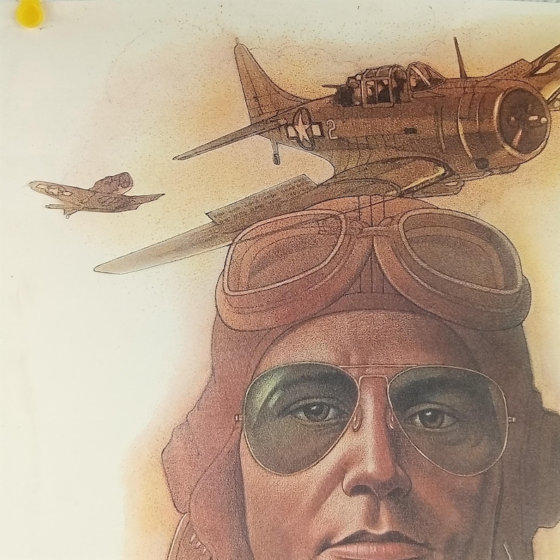 May include: Illustration of a pilot wearing a brown leather helmet and aviator goggles, with two vintage airplanes in the background. The planes are brown and have white stars. The pilot's face is in the foreground.