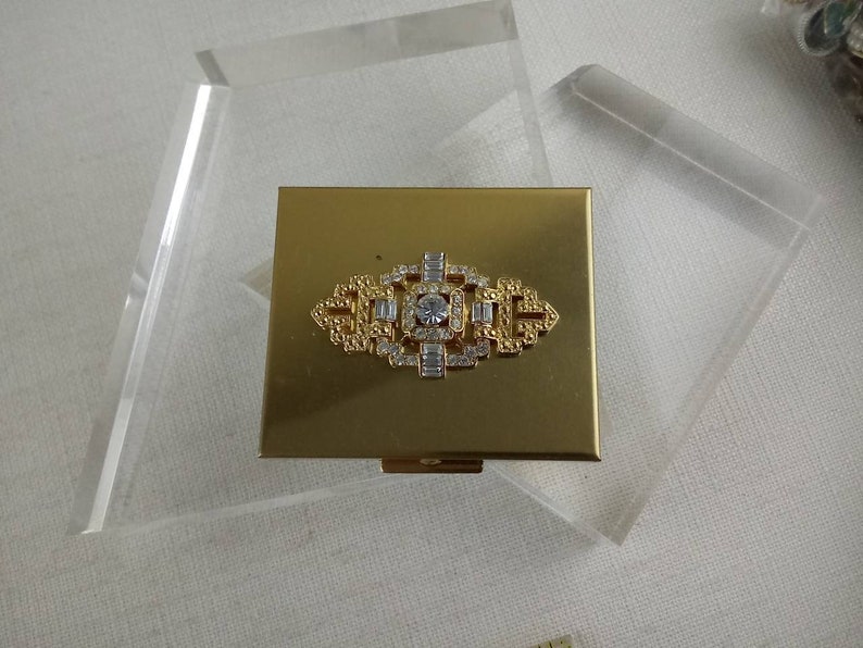 Vintage Kirks Folly Jeweled Rhinestone Unused Compact Mirror Puff Gold Tone 2.5 x 3