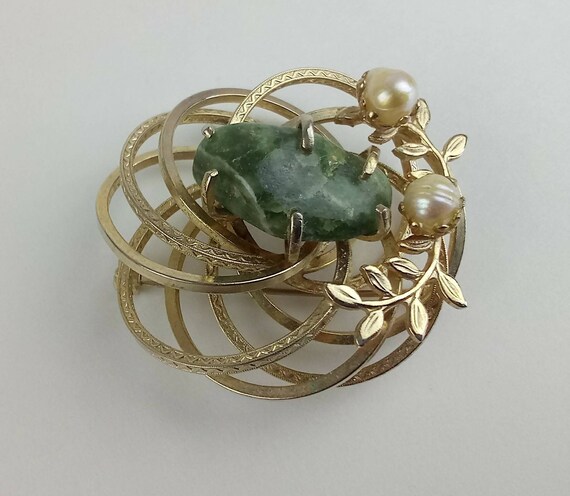 Vtg 2" Brooch Green Stone Baroque Pearl Flora Gol… - image 4