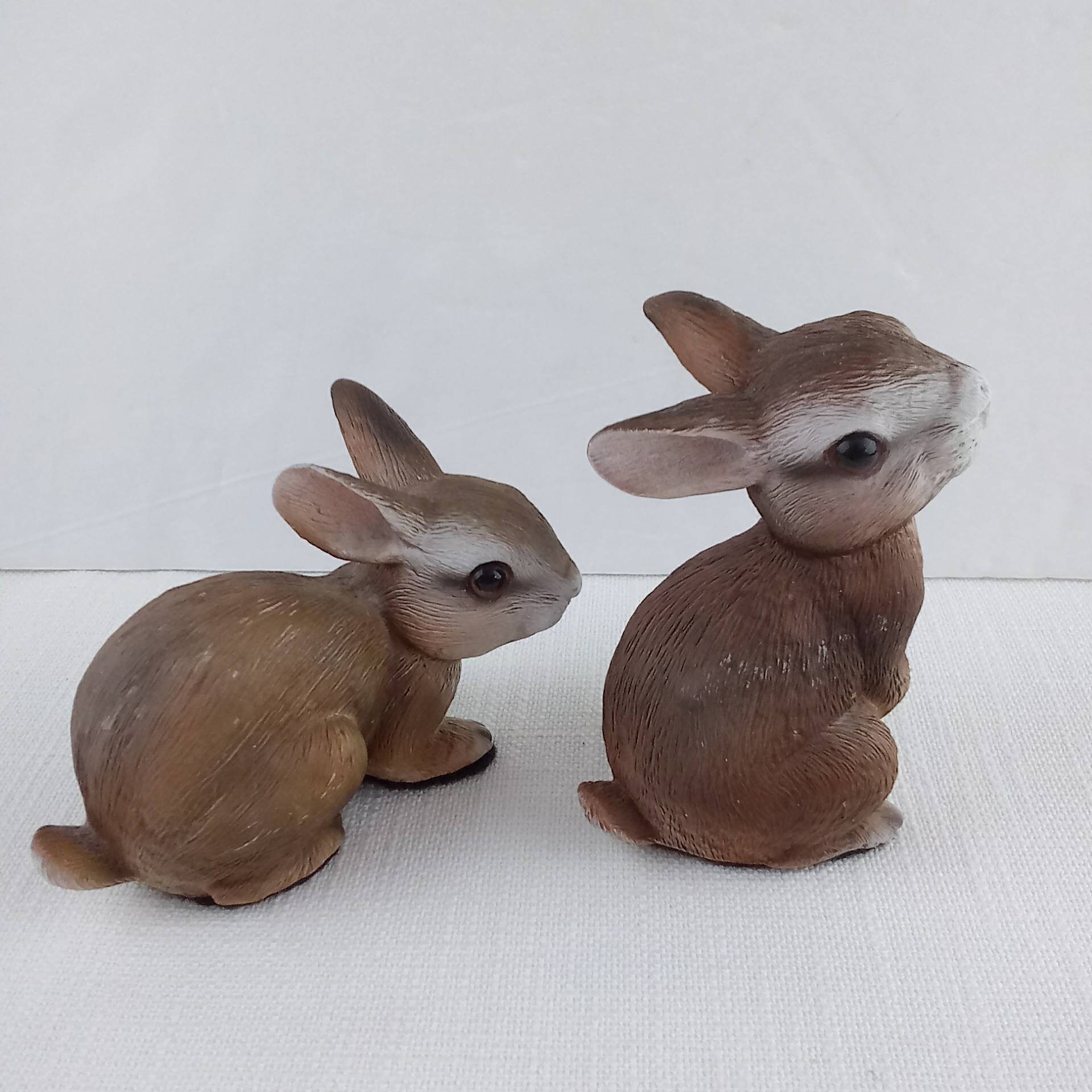 Pair 4 Bunny Rabbits Figurines Cast Resin Hand Painted Easter Garden ...