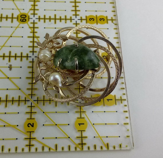 Vtg 2" Brooch Green Stone Baroque Pearl Flora Gol… - image 5