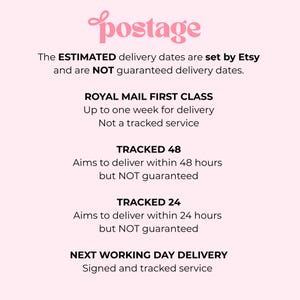 May include: A light pink informational graphic with dark text that reads: postage, The ESTIMATED delivery dates are set by Etsy and are NOT guaranteed delivery dates. ROYAL MAIL FIRST CLASS, TRACKED 48, TRACKED 24, and NEXT WORKING DAY DELIVERY.
