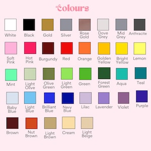 May include: A color chart featuring forty-one distinct square swatches arranged in a grid. Each square displays a unique solid color with its corresponding name printed in black text below it, including white, black, gold, silver, and various shades.