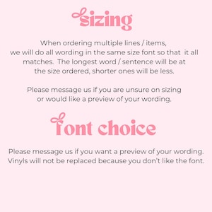 Puede incluir: Un gr&aacute;fico informativo de color rosa claro con texto oscuro. Los encabezados dicen sizing y font choice en una fuente cursiva estilizada. El texto explica que las l&iacute;neas m&uacute;ltiples se ajustar&aacute;n en tama&ntilde;o y solicita mensajes para obtener vistas previas.