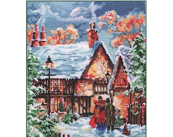 May include: A cross-stitch pattern featuring a winter scene with a snow-covered house, a couple walking towards it, and a street lamp. The text "Sing a Song of Christmas" is at the top of the image, and the text "Chart #430" is below the image. The text "Adaptation by Stephanie Seabrook Hedgepath" is at the bottom of the image.