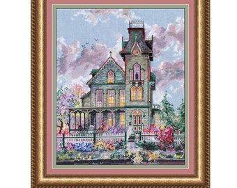 May include: Cross stitch pattern of a green Victorian house with a white picket fence and colorful flowers. The pattern is titled "Marty Bell's The Abbey" and has a chart number of 448.