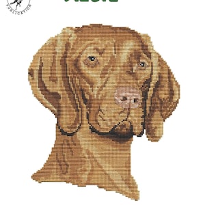 May include: A cross-stitch pattern kit for a Vizsla dog, featuring a close-up of the dog's head. The kit is designed by Stephanie Seabrook Hedgepath and has the kit number 1423.